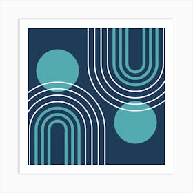 Mid Century Modern Geometric B29 In Navy Blue And Teal (Rainbow And Sun Abstract) 02 Art Print