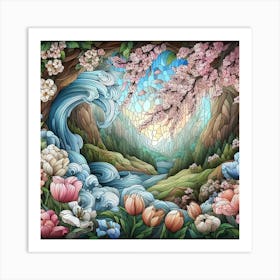 Tulips And Waterfall Art Print