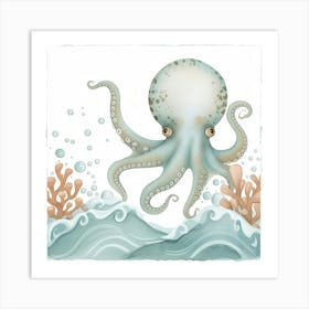 Storybook Style Octopus With Waves 3 Art Print
