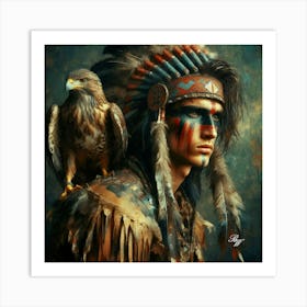 Oil Texture Young Native American Indian With Hawk 2 Art Print