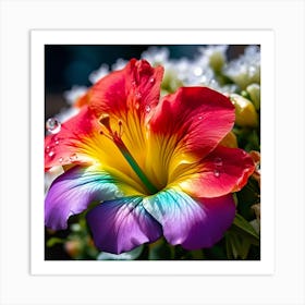 Colorful Hibiscus Flower With Water Droplets On Its Petals Art Print