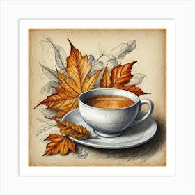 Autumn Leaves And Cup Of Tea Art Print