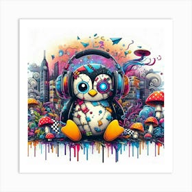 Penguin With Headphones Art Print