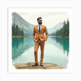 Fashionable Man In Watercolor Suit, Dreamy Lakeside Scene 1 Art Print