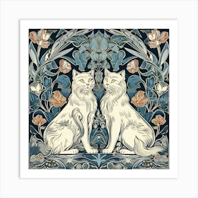 William Morris  Inspired  Classic Cats White Cats Teal Blue Square Art Print