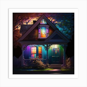 House With Rainbow Light Front, House At Night Art Print