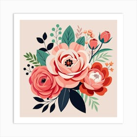 Pink Roses With Coral Anemones Art Print Art Print