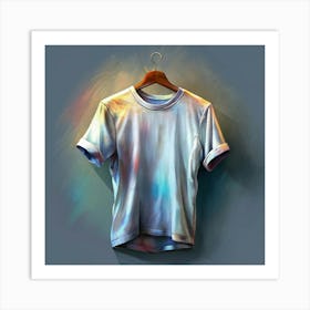 White T Shirt Hanging On A Wooden Hanger Art Print