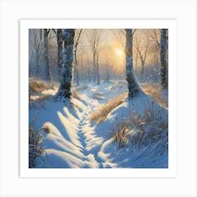 Woodland Track through the White Snow Art Print