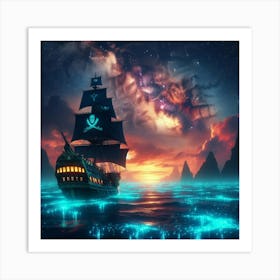 Pirate Ship At Night Art Print