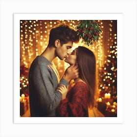 Couple Kissing In Front Of Christmas Lights 1 Art Print