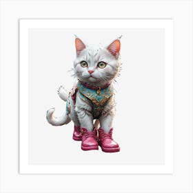 White Cat In Pink Boots Art Print