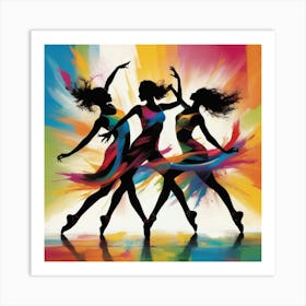 Dynamic silhouettes of dancers in motion against a colorful abstract background. The scene should convey energy, rhythm, and joy, with vibrant splashes of color highlighting the movement. 1 Art Print