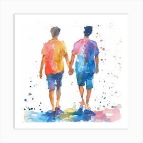 Two Men Holding Hands - Gay Love Rainbow Watercolor Art Print