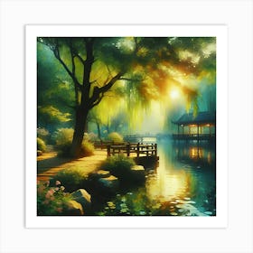 An Impressionist Style Watercolor Oil Painting Of A Tranquil Pond Art Print