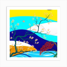 Asian Landscape- Modern luxury oriental style background. Classic Chinese mountain and river landscape illustration- water, hill and trees art. Art Print