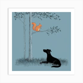 Quiet Encounter Tree, Squirrel, And Dog (3) Art Print