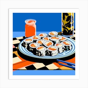 Sushi Blue Checkerboard Pop Art 2 Art Print