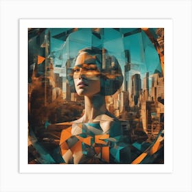 A Woman S Head Shows Through The Window Of A City, In The Style Of Multi Layered Geometry, Egyptian Art Print