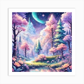 A Fantasy Forest With Twinkling Stars In Pastel Tone Square Composition 326 Art Print