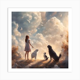 Girl And Her Dogs Art Print