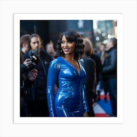 An Ethopian Black Woman Voluptuous Sexy Wearing An Elegant Blue Latex Dress Over Shoulder Long on the Red Carpet - Created by Midjourney Art Print