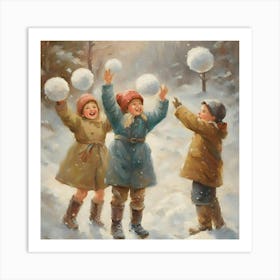 Children Playing With Snowballs 1 Art Print