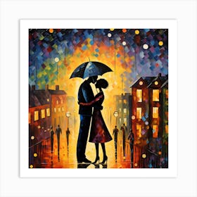 Couple Kissing In The Rain Art Print