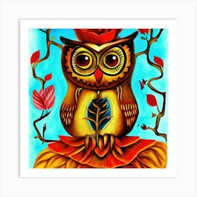 Deco Owl On A Blue Background Illustration Art Print