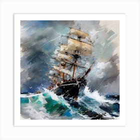 Sailing Ship In Stormy Sea Art Print