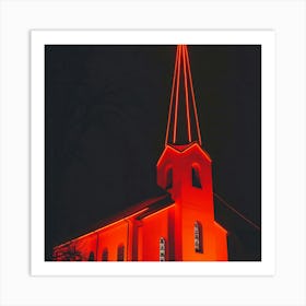 Church Lit Up In Red Art Print