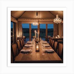An Elegant Luxurious Tent Interior Features A Dining Table Set For A Meal With Curtains And Fireplace Creating A Cozy Atmosphere Art Print