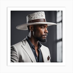 The Black Man with A Decorative Hat dressed in White Fashion - Photo Real Portrait Art Print