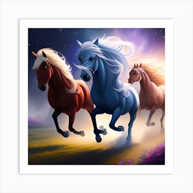 Three Horses Running In The Night Sky Art Print