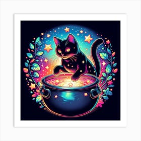 Black cat and magic stars in the pot Art Print