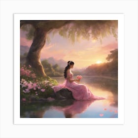 Sunset Serenity Woman By The River In A Pink Dress (3) Art Print