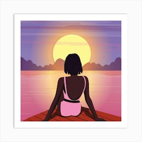 Sunset Woman Sitting On A Boat Art Print