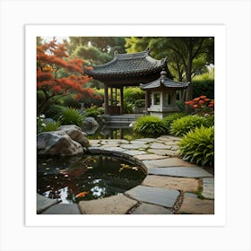 A Tranquil Garden With A Koi Pond, Blooming Flowers, And A Stone Lantern 2 Art Print