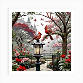 Cardinals In The Garden Art Print