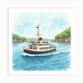 Classic Ferry Navigating Watercolor Serene Coast 1 Art Print