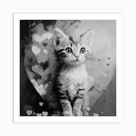 Black and White Valentine Kitten Art Print