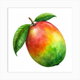 Watercolor Mango With Leaves Isolated On White Background Art Print