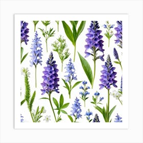 Nature Pattern Isolate White Arrangement Purple Flat Floral Blue Natural Herbal Medicine (11) Art Print