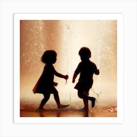 Silhouette Of Children Playing In Water Art Print