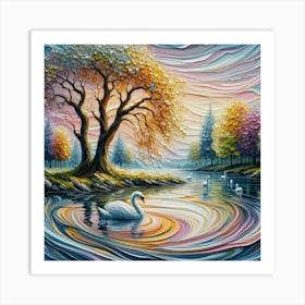 Swan Painting and Spring Dreamscape: Ripple Pour Wet Acrylic Paint, Impasto Trees, Swans in the Lake - Highly Detailed Art with Crisp Clear Sharp Focus Art Print