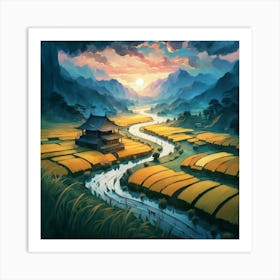 Beautiful views of rice fields, close to the river and surrounded by mountains, 14 Art Print