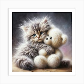 Teddy Bear And Kitten Art Print