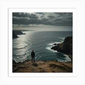 Man Standing On Cliff Overlooking Sea Art Print