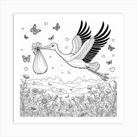 Line Art stork and baby 2 Art Print