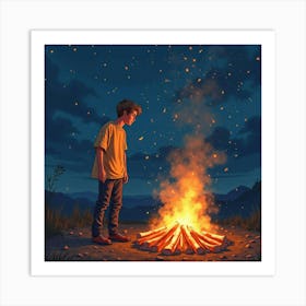 Justin Bieber By A Bonfire, Watercolor Sparks Flying Into The Night Sky Art Print